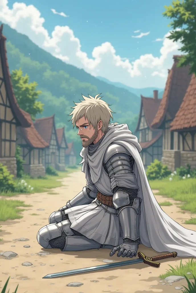 An anime knight in white armor. He’s on the ground punching it with apparent tears rolling down his face. In the middle of a village. His sword is on the ground next to his side. He is facing to the right