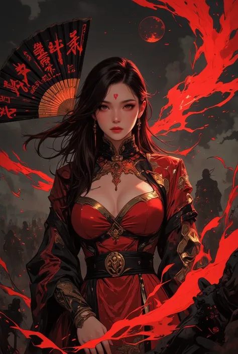 (Masterpiece, best quality, ultra-detailed, cinematic lighting, dramatic shadows)
A lethal and seductive warrior, exuding an aura of imposing dominance, stands amidst a battlefield shrouded in crimson mist. She wears a blood-red wuxia outfit adorned with g...