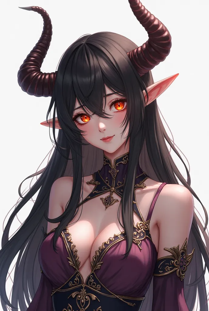 a female demon with large, straight horns that extend from the sides of the head. These horns have a smooth yet slightly segmented texture, giving them a natural yet slightly supernatural appearance.  She has long, flowing black hair. She has orange eyes t...