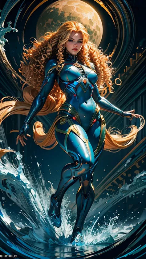 Full body image ((full body view)) (Top Quality, 8k), splash art, a ((beautiful)) graphic novel cover art full body illustration of a stunning 30 year old superheroine (((blonde curly hairstyle))), (((Mark Brooks and Dan Mumford, comic book art, perfect, s...