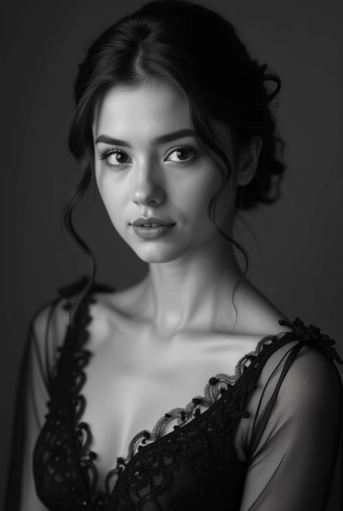 black and white shot of a Kazakh woman in an evening dress aged 19-20