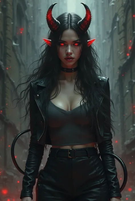 demon beautiful girl with long wavy black hair with red eyes wearing  black leather jacket and dark grey top with black shirt ,with red demon horns and tail