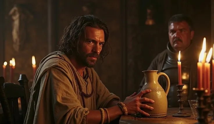 Barabbas slowly gets up in dirty and torn clothes from the time of Jesus Christ inside a dark tavern with candlelight,  his determined gaze , but his hands shake slightly. The camera focuses on the detail of the trembling fingers holding the jug before rel...