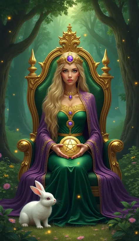 The map is made in fantasy style 

The central element is a magical green forest ,where many fireflies are flying, in the forest there is a golden throne on which a woman in her 30s with long blond straight hair sits ,  on her head there is a golden crown ...