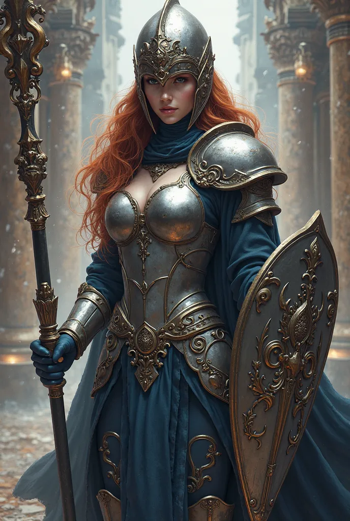 Create a full-body illustration of a female Paladin set in a fantasy setting, inspired by the aesthetics of medieval crusaders and Warhammer 40k Battle Sisters. She has porcelain-like pearly skin and long, flowing copper-brown hair that grows out from unde...