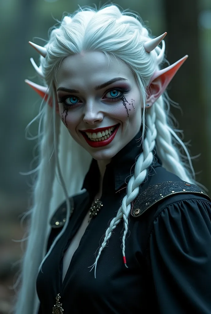 Creepy Elven woman with white hair tied in ribbons, glowing blue eyes, dressed in black, very wide evil smile on her face