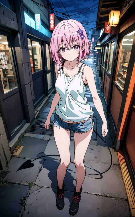 モモデbuildingケ, モモ・デbuildingーク, demon Tail,  Hair Flower, hair ornaments close to the garden, purple eyes, pink hair,  short hair, Medium breast,胸の谷間,Tail,riders jacket,tank top outside of anime,Underbomb,belly button sticking,Bare legs,denim micro shorts,sh...