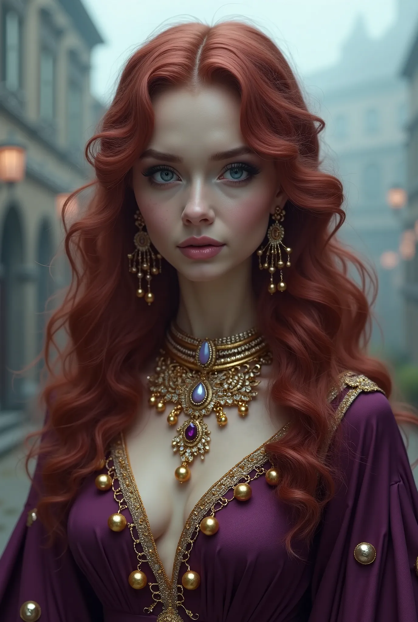 Breathtaking beautiful queen ,  big blue eyes , big eyelashes ,                  long wavy aubergine colored hair,  eggplant-colored dress with .         golden pompoms , Luxury Jewelry, in an old city with a lot of fog  