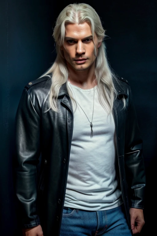 A tall, burly man, long white hair, blue eyes, (jeans, military boots, long black leather coat, printed t-shirt), (30 old), hiperrealistic, modeling pose, looking and viewer, side vew, (high details 14K), full body, dark background,