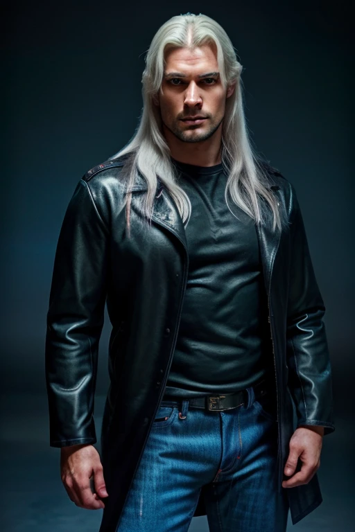 A tall, burly man, long white hair, blue eyes, (jeans, military boots, long black leather coat, printed t-shirt), (30 old), hiperrealistic, modeling pose, looking and viewer, side vew, (high details 14K), full body, dark background,