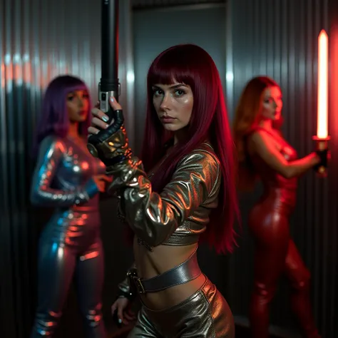 woman with long dark red straight hair wearing metallic clothes and using metal objects showing a metal gun forward posing as a model in a metallic room at night with good lighting next to a woman with dark pink hair wearing sharp metallic clothing on the ...