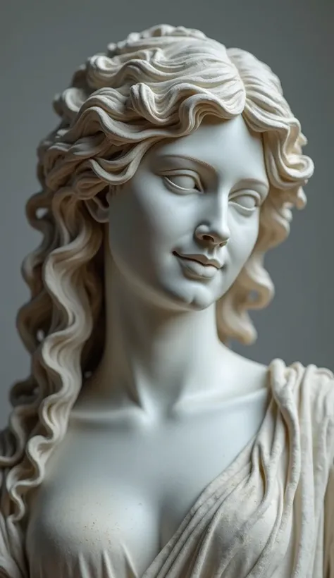 Create an image of a statue representing Calliope, smiling, with long curly hair and a contemplative look. The background should be in cool, gray tones, creating a contrast that enhances the facial features of the statue, while the long curls seem to flow ...