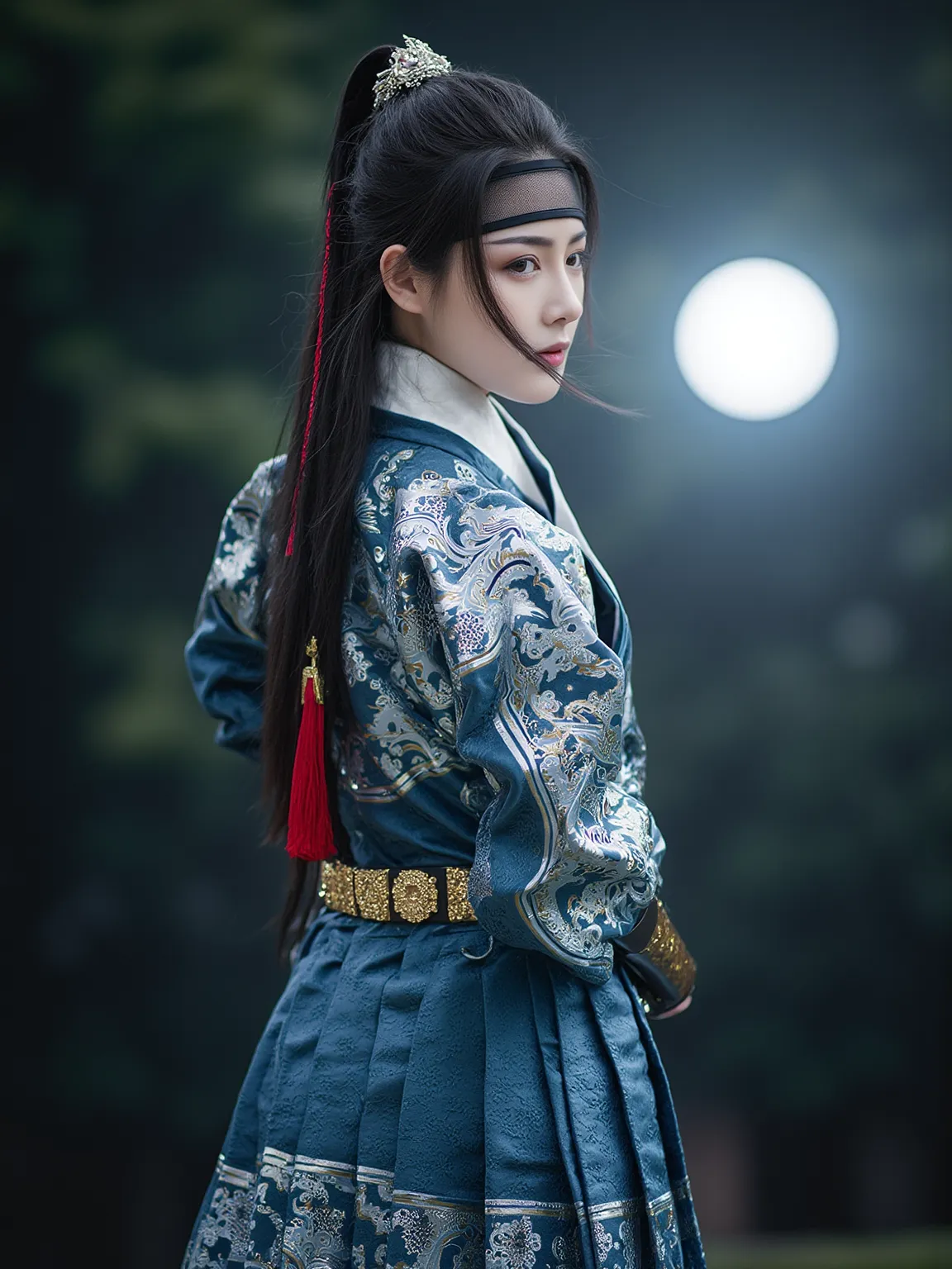 five, impressive and evocative image,  exquisite, Tone of emotion、 dreamy scene,  all  . theme, wearing a five.  girls are long, thin blue robe with intricate blue patterns and patterns, gold, Black and Black.  She has long dark hair styled in a high bun w...