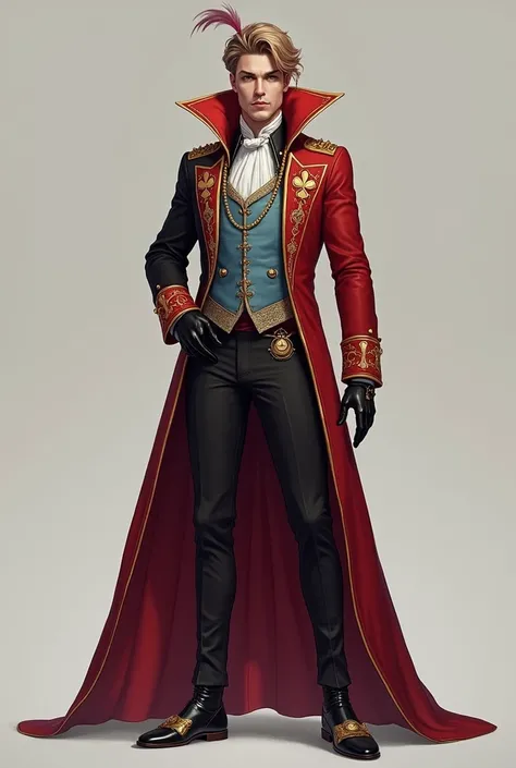 Here is the male version inspired by the character in the image:  

### **Men's Coppery Clothing**  

#### ** top**  
- **Royal Jacket**:  A long coat , adjusted to the body,  necklaces in red and black,  with gold details . It has an elegant and structure...