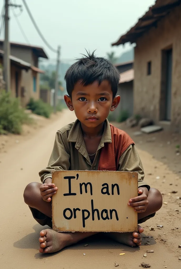 A poor boy sitting by road and begins in the bc local towns with his skiny day and on a piece of boy the word writern i m a oophan 