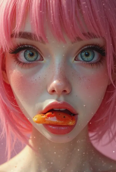 Create an image of an innocent woman with pink hair and eyes full of desire looking straight into the camera sucking a sausage-shaped candy inside her lips. resolution 8k