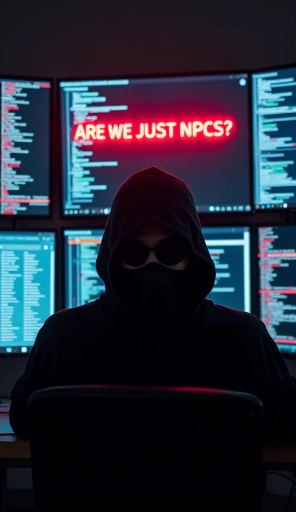 A mysterious hacker, in hoods and sunglasses, sitting in front of a giant monitor with several screens full of flashing codes. In the center of the main screen, a red message appears: 'ARE WE JUST NPCS?'. The hacker appears to be about to reveal the truth.