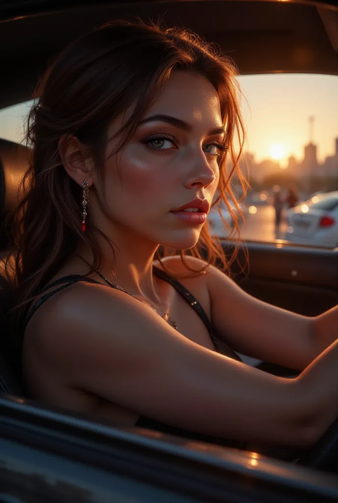  a woman, brown hair, driving a Fast and Furious type car, retrato, Cinematic, highlights, sunset, city in the background, hyperrealistic details, dramatic lighting, 4k, ultra detailed, oil painting, vibrant colors, warm tones