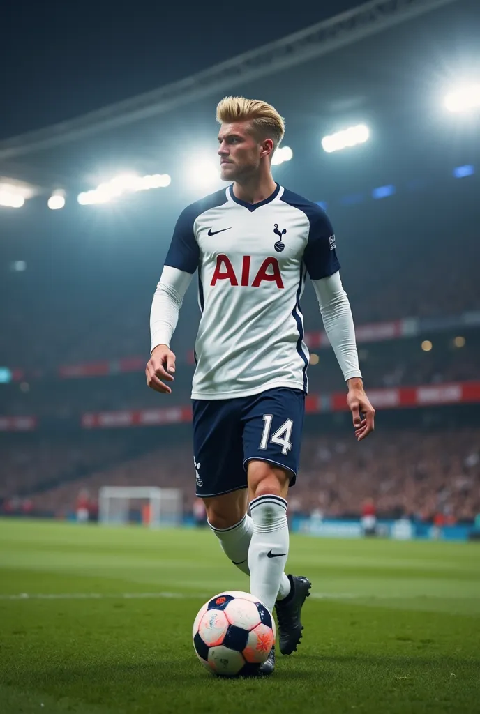 FULL BODY Create a full body image, walking and kicking a ball on a football pitch during a Tottenham vs Liverpool match at a night stadium, A strikingly handsome blond man with chiseled facial features, blue eyes and a confident demeanor. His hair is neat...