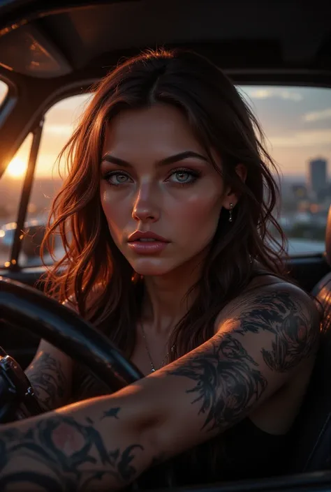  a woman, brown hair, driving a Fast and Furious type car, retrato, Cinematic, highlights, sunset, city in the background,  details a woman, brown hair, driving a Fast and Furious type car, retrato, Cinematic, highlights, sunset, city in the background,  d...