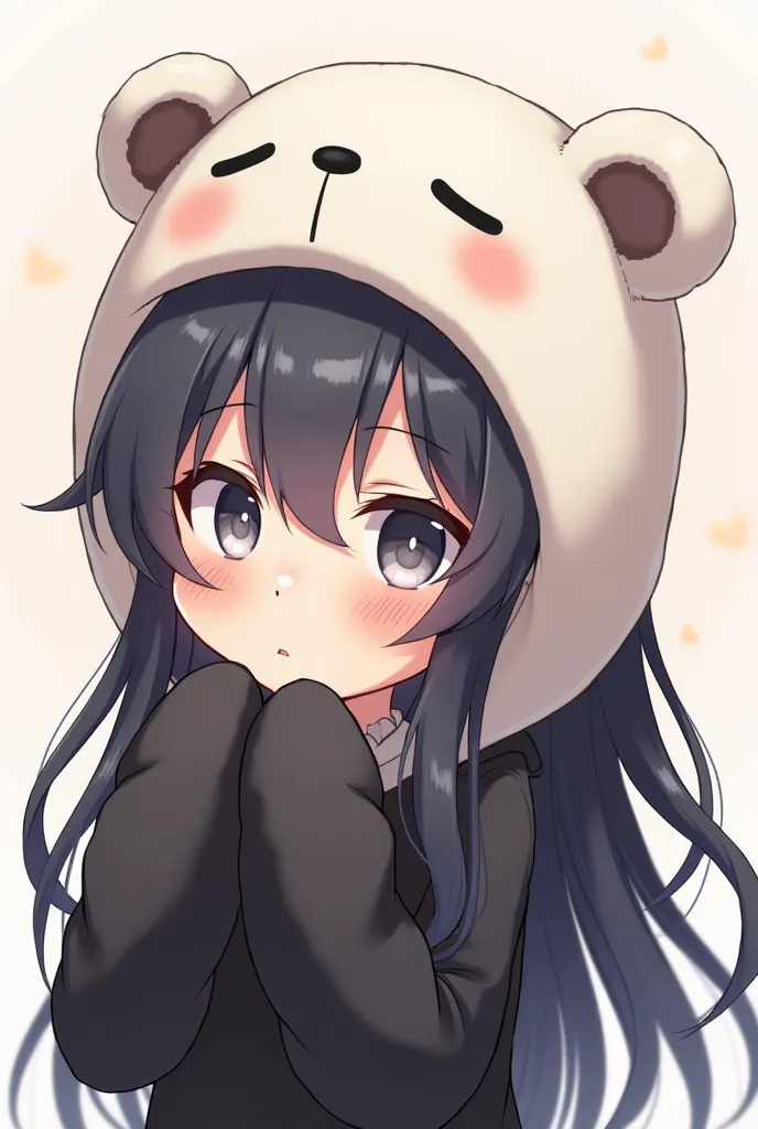 Chibi anime girl many expressions with long black hair gray eyes black sweater white bear hat 