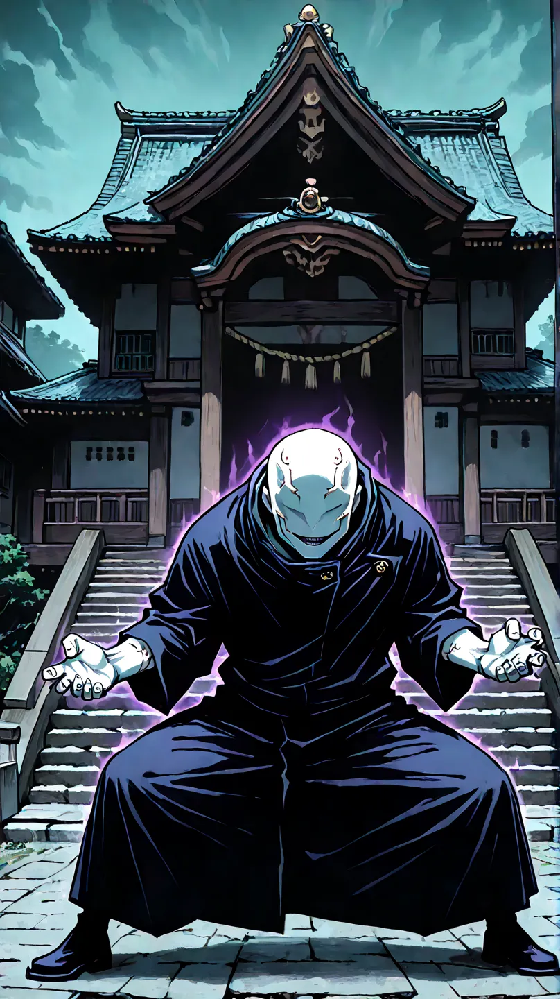 monster, male, white skin, cut skin, bald, no eyes, no ears, no nose, no nails, only one mouth, no lips, strong body, Jujutsu Kaisen Jogo's clothes, standing, fighting stance, Japanese castle scene, average height, full body, badass, intimidating aura, con...