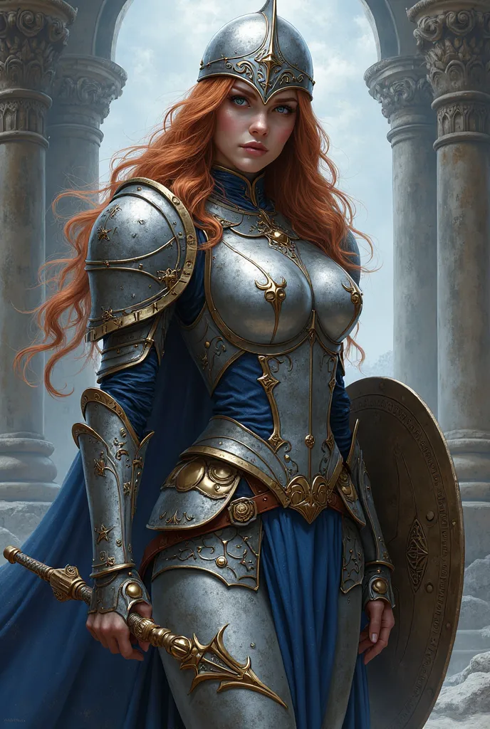 Create a full-body illustration of a female Paladin set in a fantasy setting, inspired by the aesthetics of medieval crusaders and Warhammer 40k Battle Sisters. She has porcelain-like pearly skin and long, flowing copper-brown hair that grows out from unde...