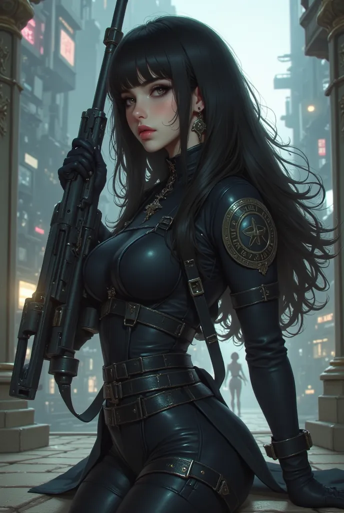 Beauriful black haired woman wearimg a black bodysuit. Holding a sci-fi rifle.