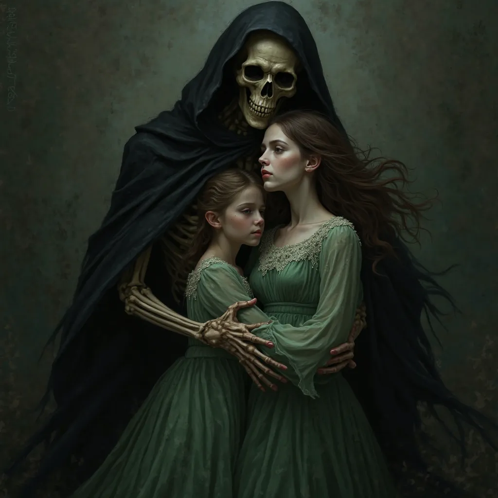 , young pale maiden in green dress with brown hair being embraced by a skeletal and shadowy creature in dark cloak