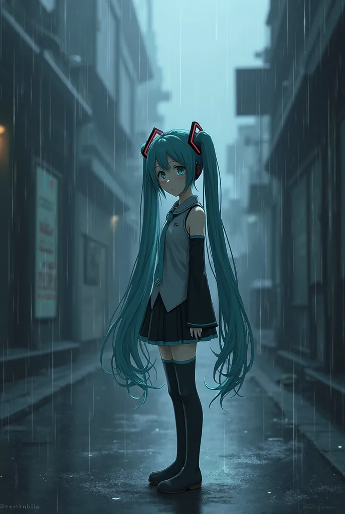 Image of Hatsune Miku Sad Bluish Rainy Scenery anime style