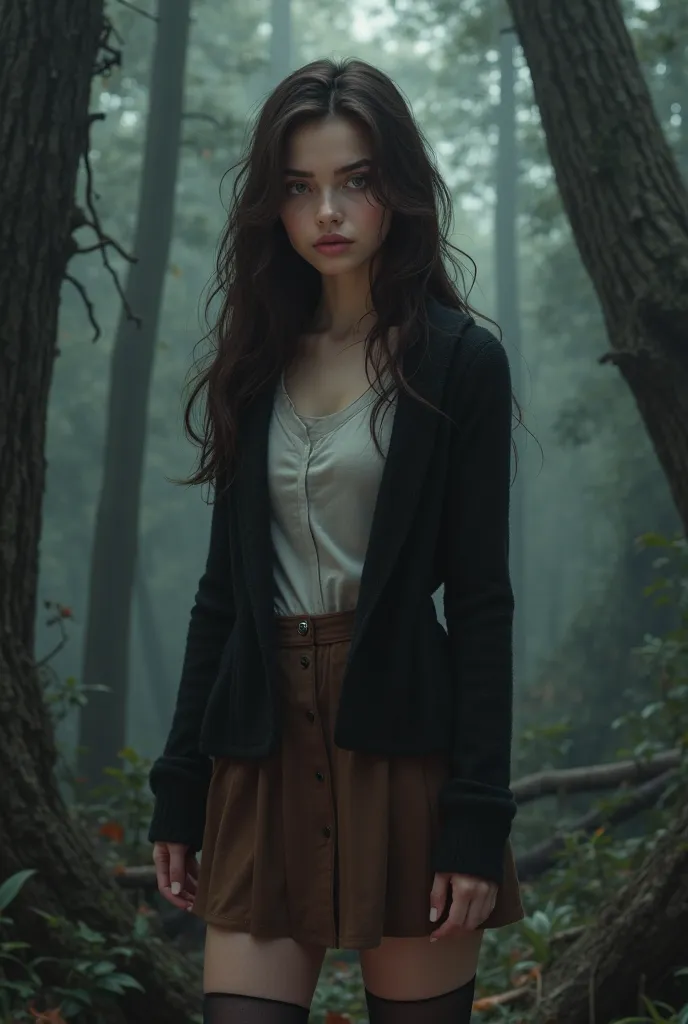 A young woman with long wavy dark brown hair and penetrating gray eyes, fine lines, similar to Alexandra Daddario, wearing a white shirt under a black wool sweater and a short brown skirt and brown tights and a Mary Jane shoe, looking straight ahead making...