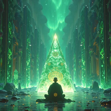 Salão com piramide de  crystals esmeralda, pilares de  crystals verdes,  monk meditating with golden symbols.  energy,  crystals, The northern lights. Chakras