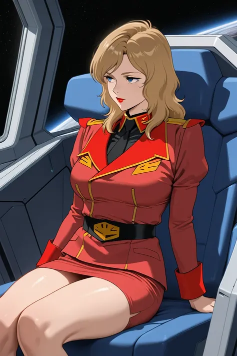 high masterpiece, best quality, very aesthetic, absurdres, newest, amazing quality, highres BREAK, breasts, curvy, \(Gundam\), Nanai Miguel, blonde hair,blue eyes,Long hair,lipstick, red uniform,military, military uniform, pencil skirt, Black shirt,black n...