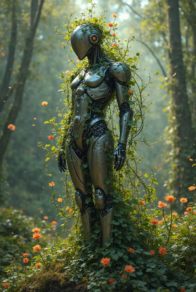  merge ,A humanoid android wrapped in a vine of plants and flowers,　Deep Forest,　GLOWING CUE FULL BODY, 　Art Nouveau,　Fantasy,　 cyber 　beautiful, Full Body Image,　