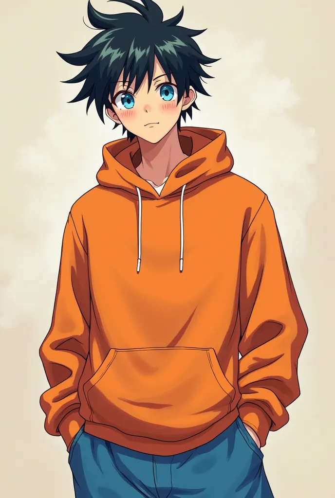 Anime Style, He is a man, he has an orange hoodie, he has blue sweatpants, he has light blue eyes with Black, He has black hair 