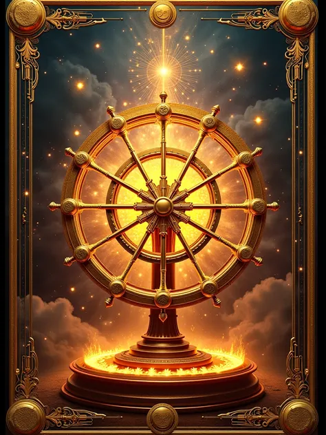 เทวดาล้อแห่งโชคชะตา,the Wheel of Fortune,dramatic composition,complex symbolism,intricate tarot card,glowing magical energy,dramatic lighting,ornate golden frame,occult mysticism,esoteric imagery,rich textures,masterpiece,8K,HDR,ultra-realistic,chiaroscuro...