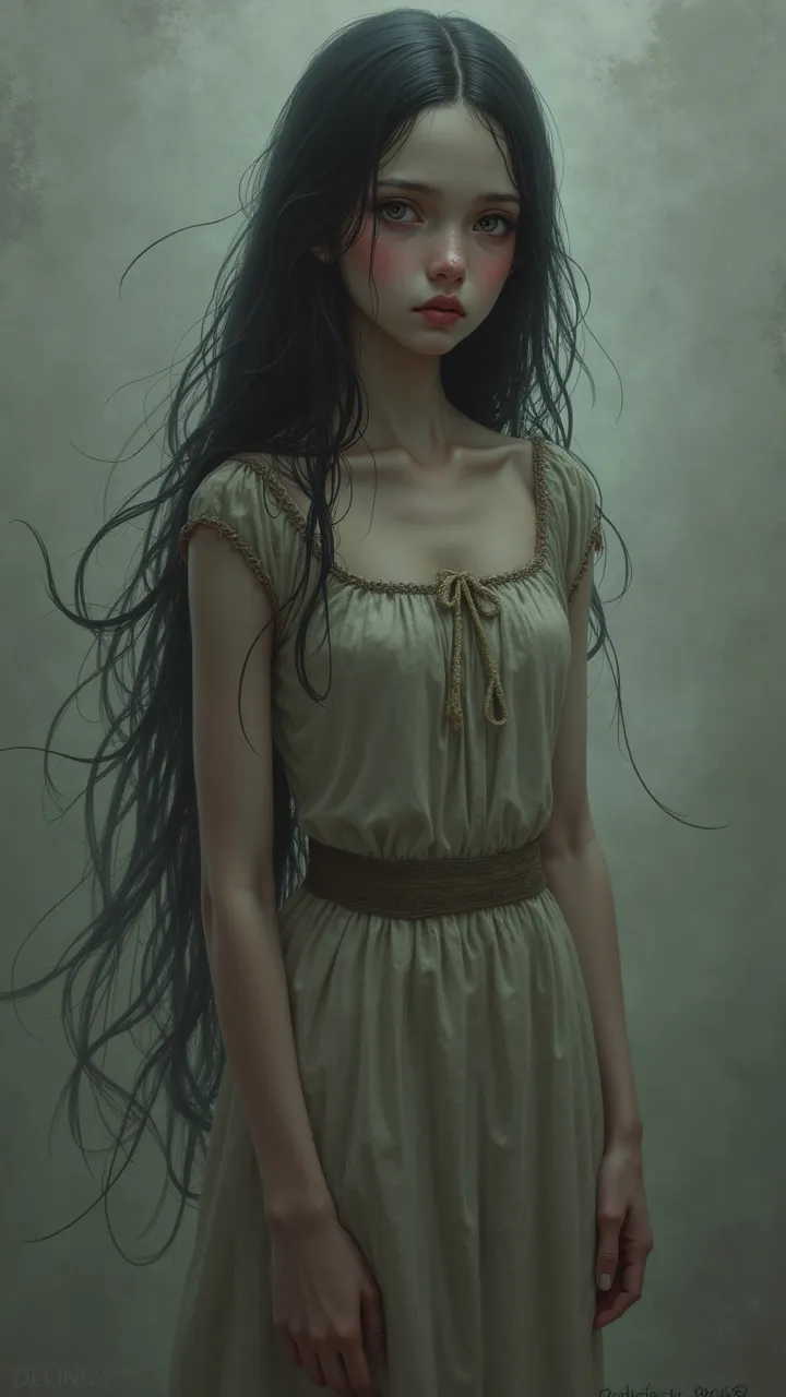 A girl in an old dress long dark hair scar on her left cheek