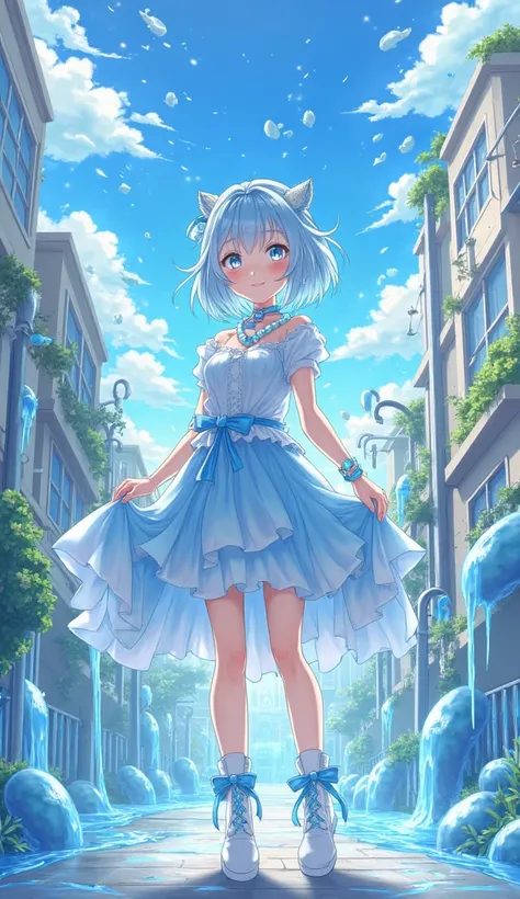 masterpiece, Highest quality, Hi-Res, very detailed,(((Pretty Girl with Light Blue Hair))), (((Japanese anime))), (((short hair))), (((Blue Hair Accessory Imitating Water Drops))), (((Flowing Line Outfit with the Image of Water Splashes))), (((flared skirt...