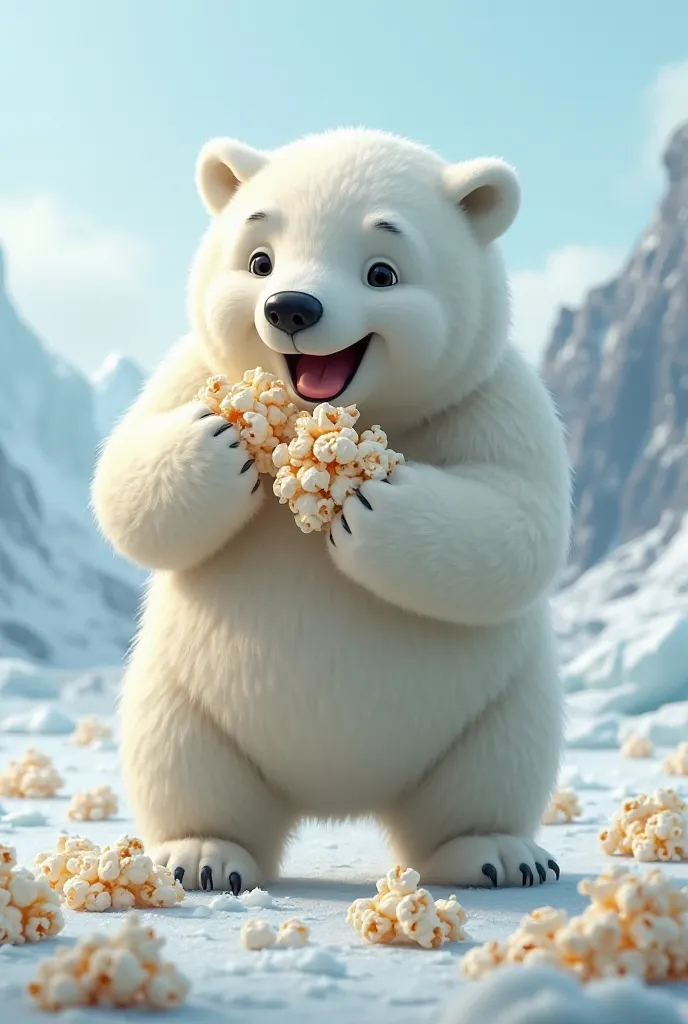 I want a picture. A polar bear eats popcorn a lot