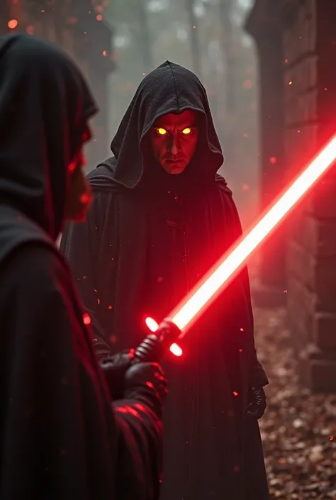 "POV igniting the lightsaber as a Sith emerges from the shadows. His yellow eyes glow, and a red saber ignites, illuminating his face. The sound of sabers clashing fills the air, and each strike sends a vibration through the hands. An atmosphere of tension...