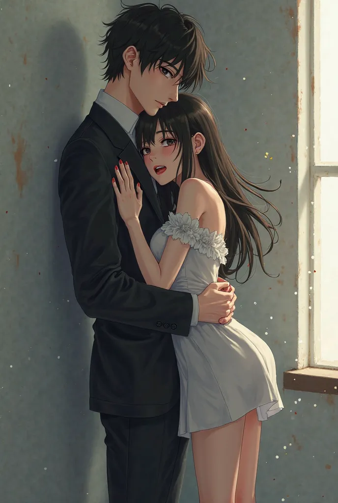 handsome anime cuddles a frightened full-length girl against the wall