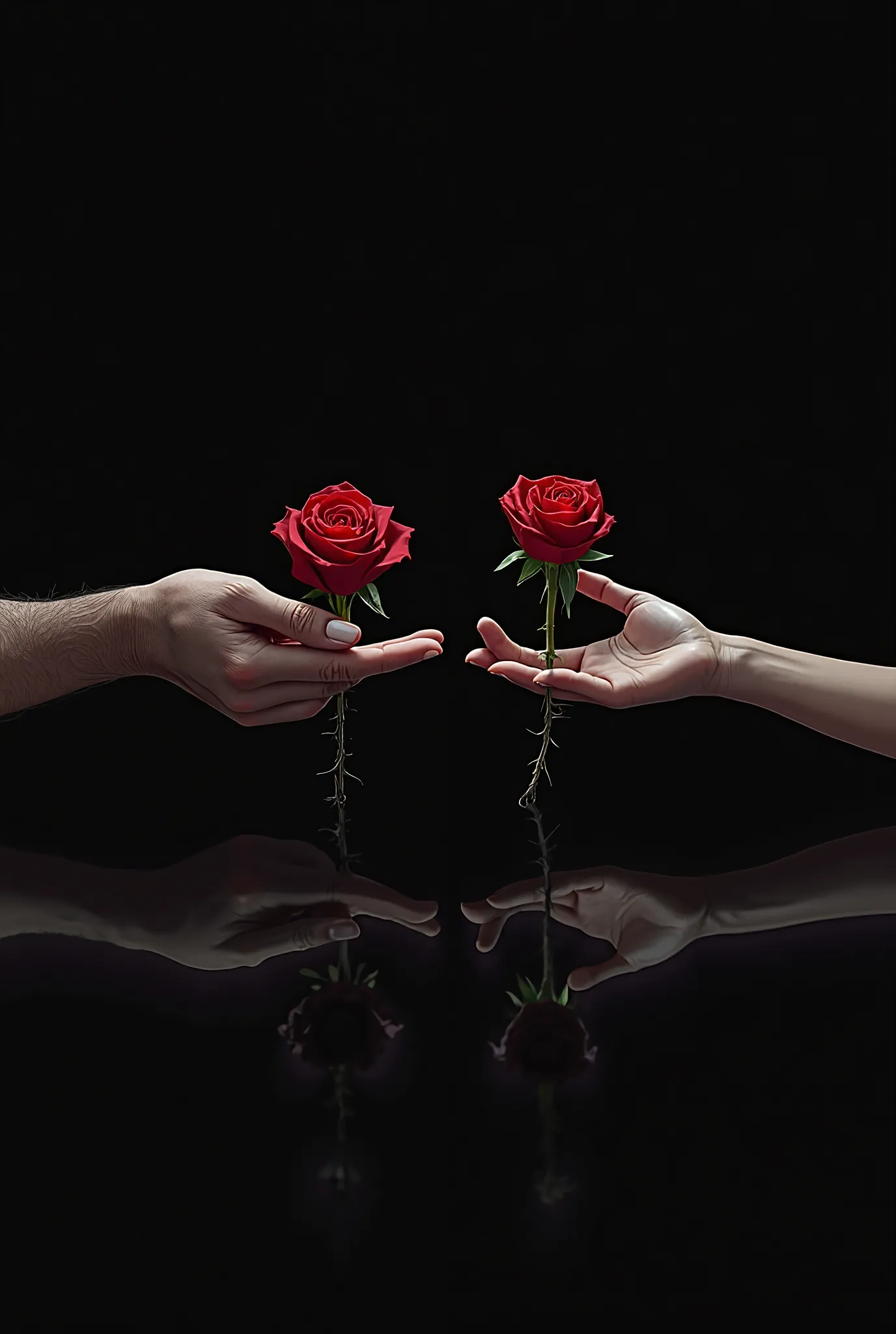 Create a black and ruby colour picture of a male hand holding a black roses and a female hand holding a red roses. The pose is like they giving the roses to each other. 