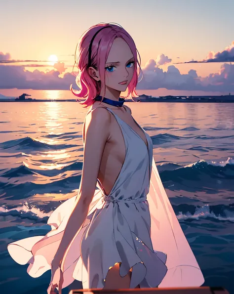 Reiju (One Piece), girl with flowing pink hair stands on the shore at sunset. She wears a shimmering, iridescent dress that reflects pastel hues of pink, purple, and blue, flowing gently in the ocean breeze. Her delicate features, soft blue eyes, and seren...