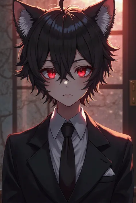 Make an anime character with red-eyed cat ears with a thoughtful men's suit 