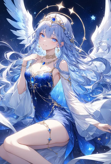 A celestial goddess with long, braided silver-blue hair, smiling gracefully. She wears an elegant, celestial-themed gown adorned with sparkling blue sequins and beads, inspired by the serene beauty of the night sky. The dress is an ethereal gradient of dee...