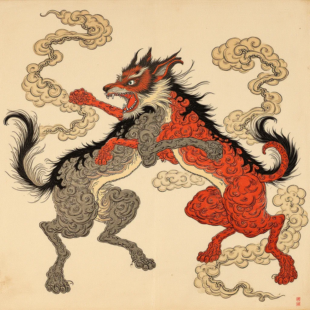 an ukiyo-e depiction of a god dog fighting against a god cat. both animals have japanese motif of curly cloud swirling on their body.