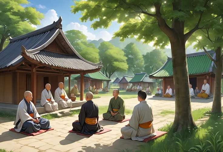 The peaceful village has a wide courtyard where calm and wise Buddhists sit under the poplar trees. Yai, is giving sermons to the local crowd, , both men and women of different ages. , His posture is calm and purposeful. The background depicts a rural atmo...