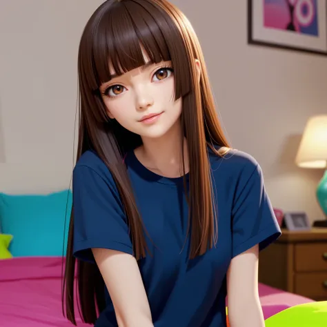 score_9, score_8_up, score_7_up, source_anime, anime_screencap, 1girl, solo, dark blue shirt, short sleeves, front, brown hair, long hair, hime cut, hmcut, brown eyes, small breasts, cute, vibrant colors, bedroom