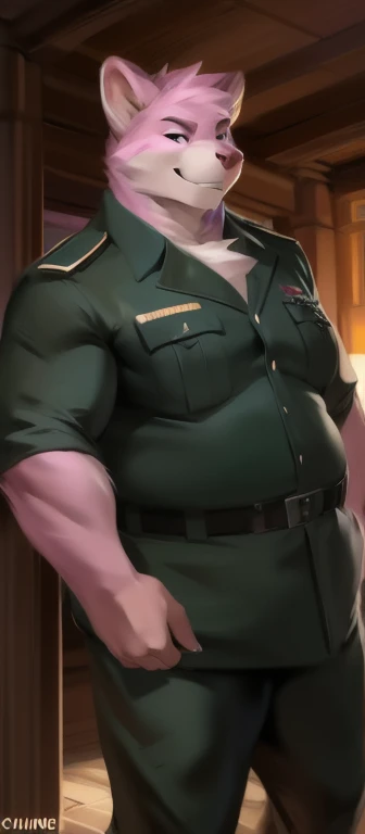 Solo, man big Tall,model tall, huge​ body,​standing, den,Pink koala , black green Army uniform, overweight, muscular, smirking, by chunie​