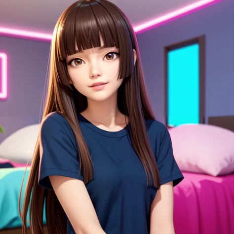 score_9, score_8_up, score_7_up, source_anime, anime_screencap, 1girl, solo, dark blue shirt, short sleeves, front, brown hair, long hair, hime cut, hmcut, brown eyes, small breasts, cute, vibrant colors, bedroom